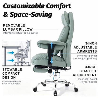Efomao Executive Office Chair 400lbs,Green Big and Tall Desk Chair | Mattress-grade pocket spring cushion, sleek leather, 135° recline & footrest for computer gaming setup. - color: 3084p-green