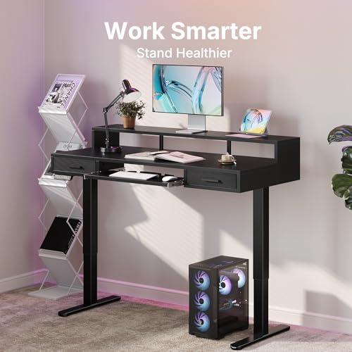 HUANUO 48″ x 26″ Electric Standing Desk with 2 Drawers &24.4″ Large Keyboard Tray, C-Clamp Mount Compatible, Adjustable Computer Desk for Office, Sit Stand Up Desk with 4 Height Presets, Black - color: Black, size: 48*26 inch
