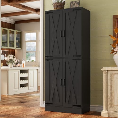 Unikito Black 71" Tall Kitchen Pantry Cabinet, Hidden Drawer and Farmhouse Barn Doors, 4 Adjustable Shelves, Freestanding Cupboard for Kitchen, Dining Room, Living Room, Utility Room - color: Black, size: 23.6"W (1 Pack)