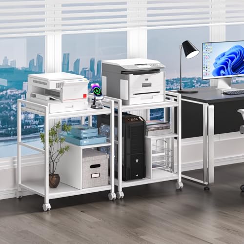Lerliuo 24" Wide Large Printer Stand with Storage, White | Printer Table for Home Office with Charging Station, 3 Tier Industrial Mobile Printer Cart with Lockable Wheels - color: White