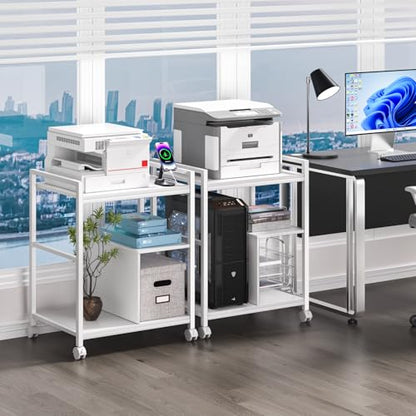 Lerliuo 24" Wide Large Printer Stand with Storage, White | Printer Table for Home Office with Charging Station, 3 Tier Industrial Mobile Printer Cart with Lockable Wheels - color: White