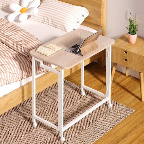 4NM 23.6" Mobile Small Rolling Computer Desk, Folding Laptop Cart Table with Wheels, Portable Office Desk for Small Space Couch Bed - Natural and White - color: Natural and White, size: 23.6"