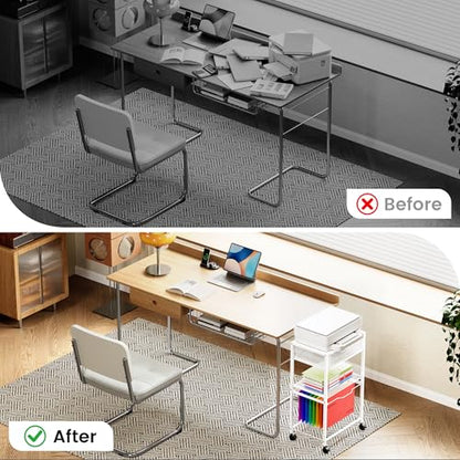 Cawukege 3 Tier Printer Stand, Small Mobile Table with Wheels, Printer Shelf Rolling Cart with Storage Desk Organizer Hanging File for Office Home, White - color: White