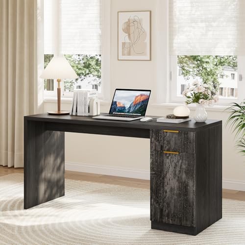 Garvee Executive Desk with Drawer and Power Outlet, 61" Large Farmhouse Computer Desk Home Office Wood Executive Desk with Adjustable Shelf for Work Study Writing, Grey - color: Grey