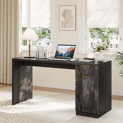 Garvee Executive Desk with Drawer and Power Outlet, 61" Large Farmhouse Computer Desk Home Office Wood Executive Desk with Adjustable Shelf for Work Study Writing, Grey - color: Grey