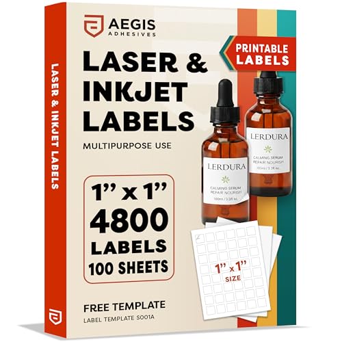 1" X 1" Square Printable Labels for Inkjet and Laser Printers - 100 Sheets | 4800 Matte White Custom Stickers, Price Tags, Business Logo Stickers, QR Codes, Barcodes - Aegis Adhesives Template S001A