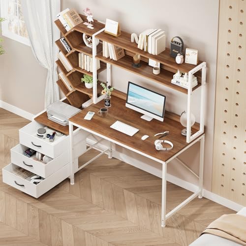 YOMILUVE 52" Computer Desk with Bookshelf, 3 Drawers ＆ Hutch for Bedroom | Office Desk with Printer Shelf, Study Writing Desk with Storage Shelves, Brown and White - color: Brown and White