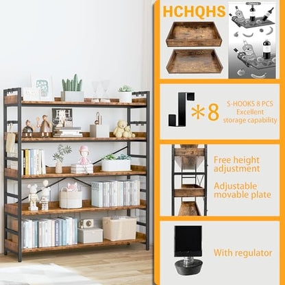 HCHQHS 5 Tier Bookshelf, Adjustable Industrial Bookcase, Vertical Tall Book Shelf, Wood and Black Metal Open Bookshelves for Home Office, Living Room, Bedroom - color: Rustic Brown, size: 5-Tier (47"W x 57"H)