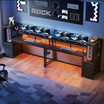 59" Reversible Gaming Desk with LED Lights Power Outlets, Black | Computer Desk with Drawers Can be Used to Store Odds and Handles, Elevated PC Stand To Help You Showcase Your DIY Cases. - color: Black, size: 60 In