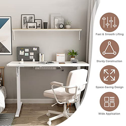 Sit to Stand Workstation Frame, Manual Height Adjustable Standing Desk Frame w/ Foldable Hand Crank, Cable Tray & Hanging Hook, Adjustable Footpads, Ergonomic Desk Frame for Home Office, Black (WHITE) - color: White
