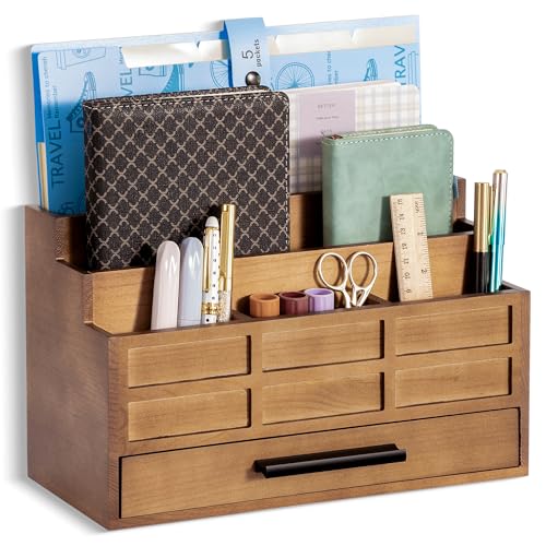 dreampossible Brown Wood Desk Organizer and Accessories with Drawer, Bill Mail Organizer and File Mail Holder for Office Supplies, Rustic Desk Accessories & Workspace Organizers - color: Brown B