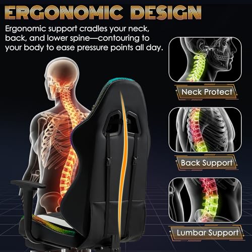 ECOTOUGE Racing Style RGB LED Lights Gaming Chair with Footrest - color: Rgb White, size: with footrest
