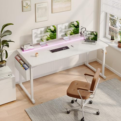 DurayLoly 55 Inch Computer Desk with Waterproof LED Lights for Bedroom - color: White, size: 55 Inch