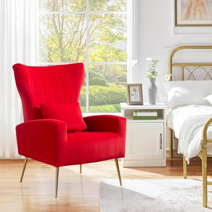 Velvet Accent Arm Chair, Mid-Century Modern Living Room Chair, Wingback Bedroom Side Chair with Gold Legs & Pillow, Button-Tufted, Red - color: Red, size: 2PCS with Channel Tufted