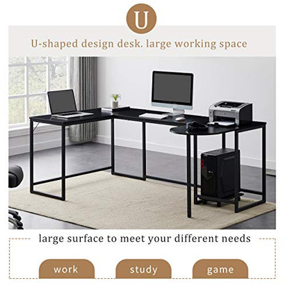 U-Shaped Computer Desk, Industrial Corner Writing Desk with CPU Stand, Gaming Table Workstation Desk for Home Office for Adults Black