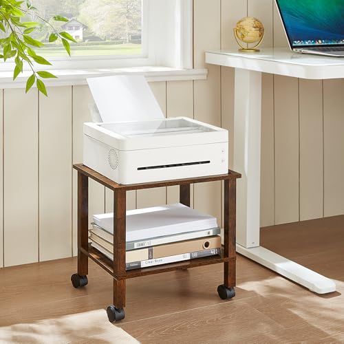 YUFAM 2 Tier Under Desk Printer Stand with Storage, Brown - color: Brown, size: 11.8"D×15.7"W×15.3"H