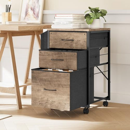 VINGLI 3 Drawer File Cabinet with Side Bag, Rolling File Cabinet Mobile Under Desk File Cabinet with Wheels, Fabric Drawers Printer Stand for Home Office, Fits Letter Size, Rustic Gray