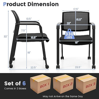 COSTWAY Stackable Office Guest Chairs Set of 6 with Wheels and Armrests | Conference Room Chairs with Mesh Backrest and Upholstered Seat, Ergonomic Waiting Room Chairs for Office Home Reception Area - size: 6 Pack, style: with Wheels