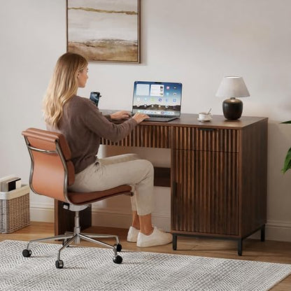 47" Office Desk with Fluted Drawers, Wooden Home Exectuive Desk with Storage Cabinet, Charging Station, Metal Legs Modern Farmhouse Computer Desk for Work, Study, Brown - color: Brown