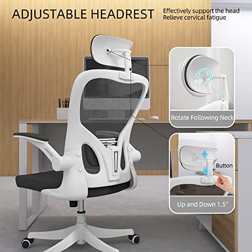 Monhey Office Chair, Ergonomic Office Chair with Lumbar Support & 3D Headrest & Flip Up Arms Home Office Desk Chairs Rockable Computer Chair Multi-Angle from 90° to 130° with 350LBS CapacityChair - color: 02white+black
