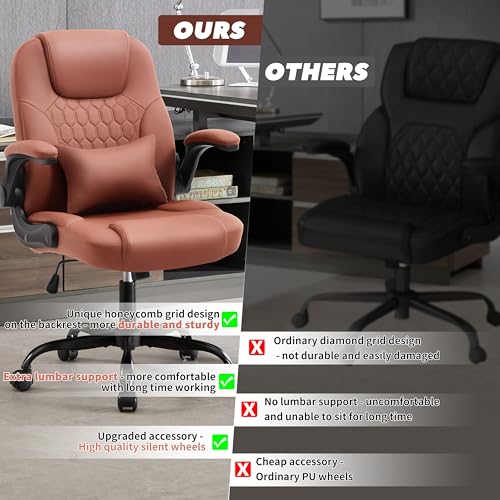Leather Office Chair Swivel Lumbar Support for Short People Brown - color: Brown