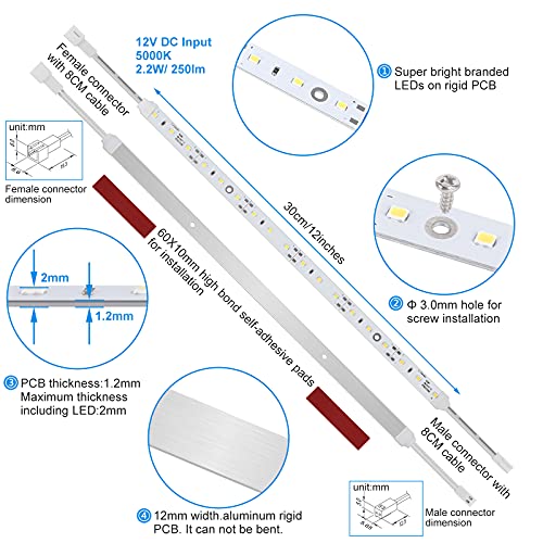 Under Cabinet LED Lighting Kit Plug in 13W Daylight White 5000K | 6 x 12 inches Slim 12VDC Light Strips with Adapter Switch Dimmer Jumper Cables for Cabinets Counter Shelf Bookcase Closets - color: Daylight 5000K