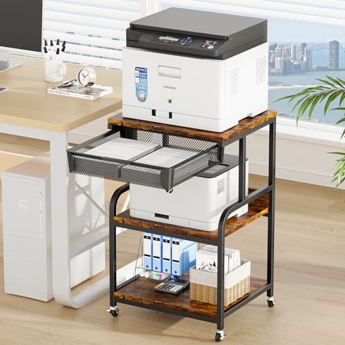 Large Printer Stand with Drawer, 3-Tier Industrial Rolling Cart | 5 Adjustable Shelves, Mobile Printer Table for Desk & Home Office, Fits 3D Printer, Scanner and Fax Machine Rustic Brown - color: Rustic Brown, size: Large(19.7"L X 15.7"W X 32.2"H)