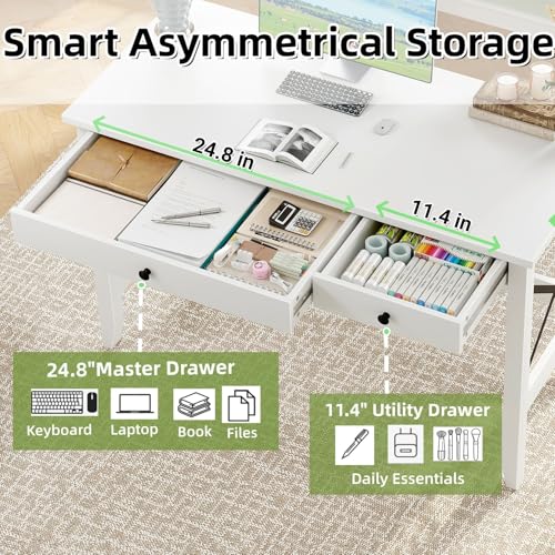 JSB 43.3 Inch White Computer Desk with 2 Drawers for Home Office Bedroom - color: White, size: 43.3 inch