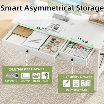 JSB 43.3 Inch White Computer Desk with 2 Drawers for Home Office Bedroom - color: White, size: 43.3 inch