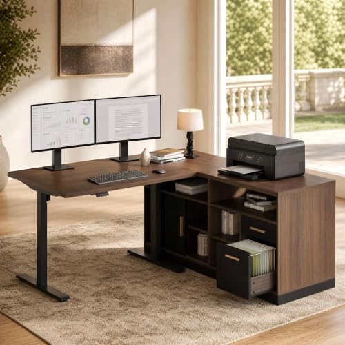ModernMate 67" L Shaped Executive Standing Desk with Drawer Storage | Electric Adjustable Height Desk, Built-in Power Outlets, 1.18" Thick Desktop, Modular Corner Workstation, Black Walnut - color: Black Walnut