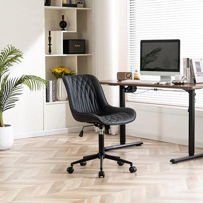 YOUNIKE Faux Leather Office Desk Chair Comfy Vanity Chair Armless Black | Ergonomic Upholstered Rocking Back, Swivel with Wheels, Height Adjustable, Modern Task Chair For Computer Sewing Drafting - color: Black