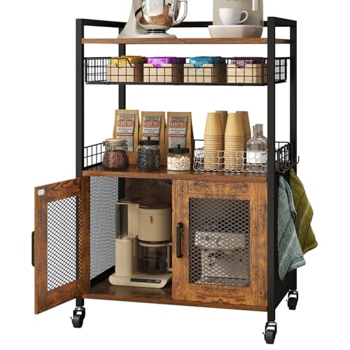 Hencawima Coffee Bar Cabinet, 3 Tier Coffee Station Table on Wheels, 35.9" H Bar Cart with Wire Basket Drawer & 5 Hooks for Home Kitchen, Liquor Buffet Sideboard Cabinet (Rustic Brown) - size: Large