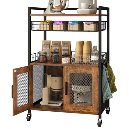 Hencawima Coffee Bar Cabinet, 3 Tier Coffee Station Table on Wheels, 35.9" H Bar Cart with Wire Basket Drawer & 5 Hooks for Home Kitchen, Liquor Buffet Sideboard Cabinet (Rustic Brown) - size: Large