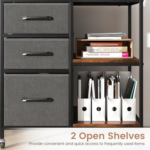 GOFLAME 3 Drawer Mobile File Cabinet with Charging Station, Rolling Printer Stand with Open Storage Shelves, Wooden Storage Cabinet on Wheels for Home Office (Rustic Brown and Gray) - color: Rustic Brown and Gray