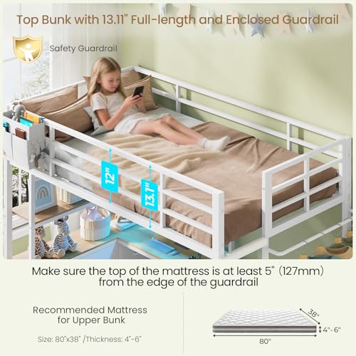DICTAC Bunk Bed with L-Shaped Desk,5 Storage Drawers and 2 Shelves Metal Twin XL Over Twin Bunk Bed with LED Lights and Charging Station,bunk Beds with Safety Guardrail & Ladder,Space-Saving,White - color: White, size: Twin XL Over Twin