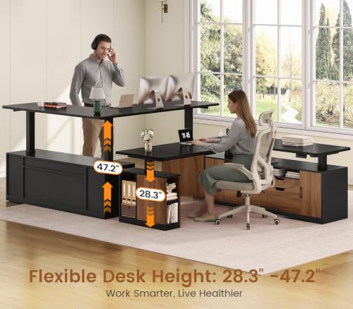 SEDETA Modern L Shaped Executive Electric Standing Desk with 4 Drawers | 69" x 55" Height Adjustable Office Desk with Storage Shelves, Power Outlet, Sit Stand Computer Desk, Black and Brown - color: Modern Black+ Brown