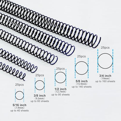 Rayson Plastic Spiral Binding Coil, Mixed Sizes (5/16", 3/8", 1/2", 5/8", 3/4") 4:1 Pitch Black Coil Binding Spines for Business and Educational Purposes, Pack of 125 - size: Multi-Size (5/16", 3/8", 1/2", 5/8", 3/4")