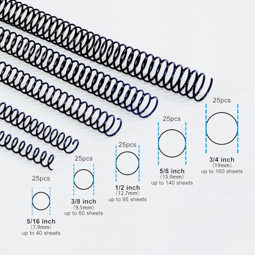 Rayson Plastic Spiral Binding Coil, Assorted Sizes (5/16", 3/8", 1/2", 5/8", 3/4") 3:1 Pitch, Black, Pack of 125 – Ideal for Business and Education - size: 5/16", 3/8", 1/2", 5/8", 3/4"