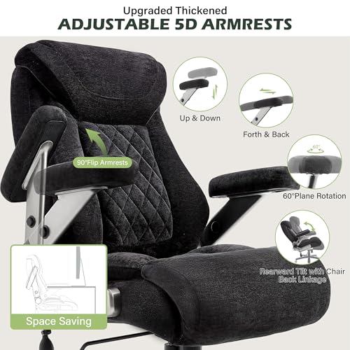 650lbs Big and Tall Office Chair with Thick Spring Cushion,5D Flip Arm Ergonomic Executive Office Chair Adjustable Lumbar Airbag&Extra Wide,Comfy Large Padded Heavy Duty Game Chair,Blackcloth - color: Blackcloth