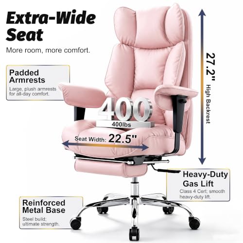 Efomao Executive Office Chair 400lbs,Pink Big and Tall Desk Chair | Mattress-grade pocket spring cushion, sleek leather, 135° recline & footrest for computer gaming setup. - color: 3084p-pink
