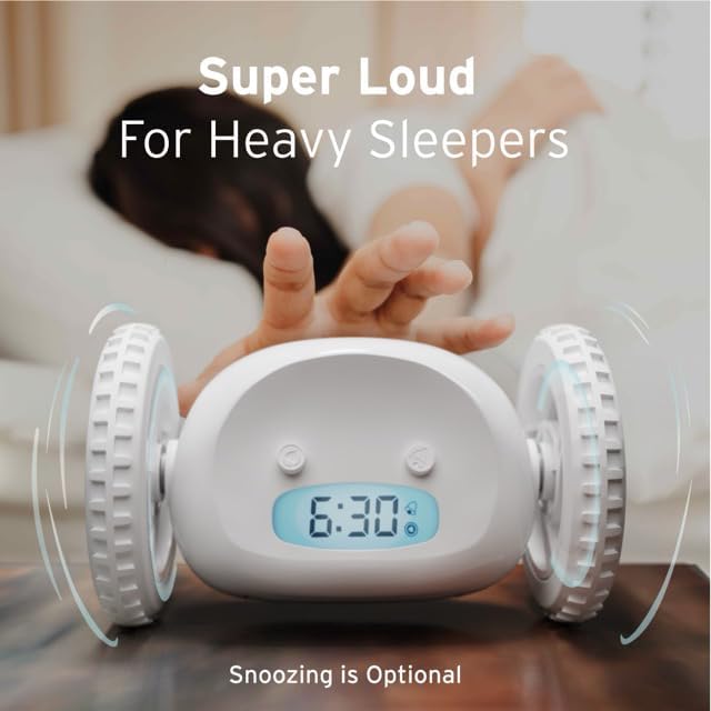 CLOCKY Alarm Clock on Wheels – Loud Rolling Alarm Clock for Heavy Sleepers - color: White