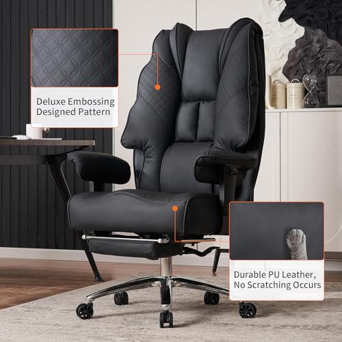 EXCEBET Big and Tall Office Chair 400lbs Wide Seat, Leather High Back Executive Office Chair with Foot Rest, Ergonomic Chairs Lumbar Support for Lower Back Pain Relief (Black) - color: All Black