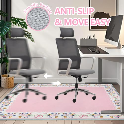 Office Chair Mat for Hardwood/Tile Floor, 36"x48"Desk Chair Mat for Rolling, Non Slip Under TPR Backing Low-Pile Rug(Pink Bow Flower EA) - color: Pink Bow Flower Ea