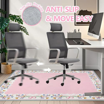 Office Chair Mat for Hardwood/Tile Floor, 36"x48"Desk Chair Mat for Rolling, Non Slip Under TPR Backing Low-Pile Rug(Pink Bow Flower EA) - color: Pink Bow Flower Ea