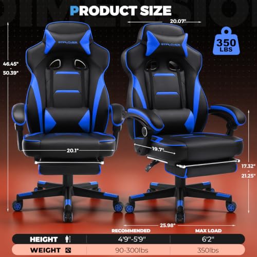 GTPLAYER Gaming Chair with Footrest, 350LBS Big and Tall Office Chair, Ergonomic High Back Lumbar Support and Recliner for Back Pain Relief, Blue - color: Blue