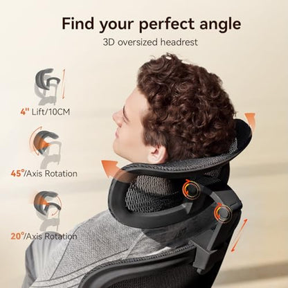 SIHOO B100 PRO Ergonomic Office Chair with Footrest, Mesh Office Chair with Adaptive Lumbar Support, Computer Chair with Wide Headrest, Desk Chair with 360° Rotatable Flip-Up Armrests, Black - color: Ebony