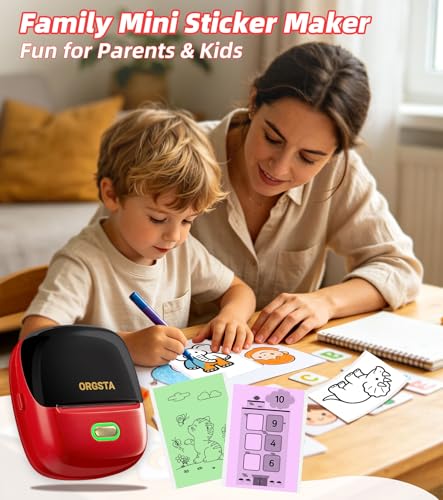 ORGSTA Sticker Printer, 300DPI Ultra-Clear Mini Portable Sticker Maker S002 | Thermal Mini Printer with Banner Printing Function, Bluetooth Inkless Print Pods for Journal, DIY Gifts, Study Note - color: Red