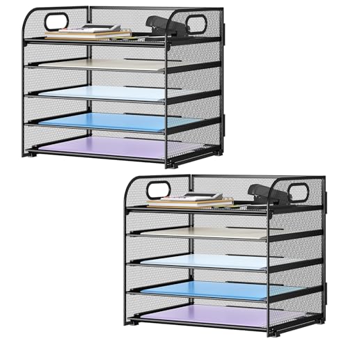 Paper Organizer Letter Tray with Handle Mesh 5 Trays-Black 2 Pack | Desk File Organizer Paper Sorter Desk Organizer for Office, Home or School - color: Black 2 Pack, size: 12.6" x 9.1" x 13.4"