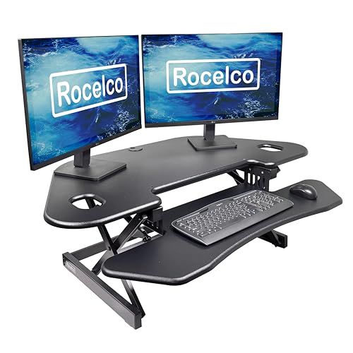 Rocelco 46" Height Adjustable Corner Standing Desk Converter - Quick Sit Stand Up Dual Monitor Riser - Gas Spring Assist Tabletop Computer Workstation - Large Keyboard Tray - Black (R CADRB-46) - color: Black, style: Riser Only