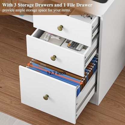 TTVIEW Computer Desk with Drawers and Hutch Shelf, Wood Executive Desk Writing Study Table with 43” Wide Tabletop, Small Desk with File Drawer for Home Office Bedroom, White - color: White